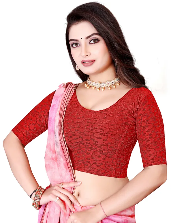 Red_Cotton_Textured_Round_Neck_Elbow_Sleeve_Saree_Blouse_For_Women