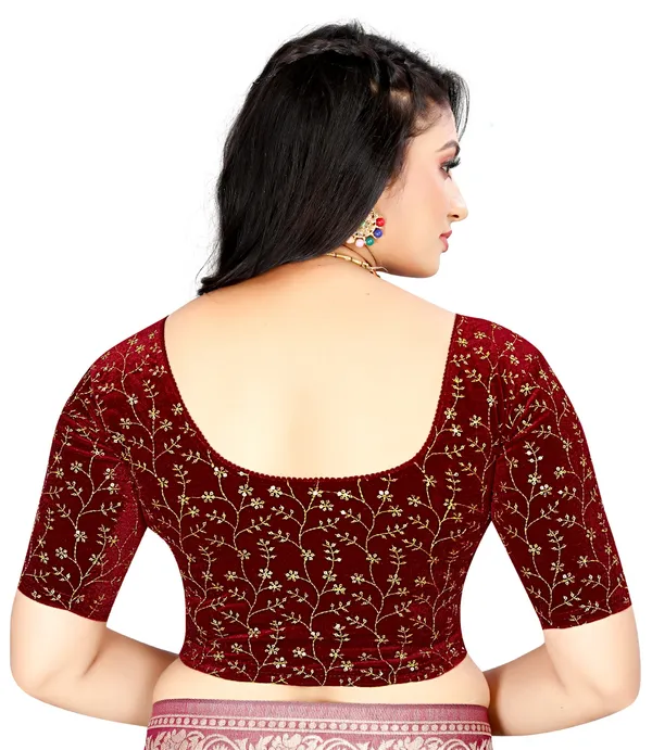 Maroon_Velvet_Embroidered_Sequin_Elbow_Sleeve_Blouse_For_Women