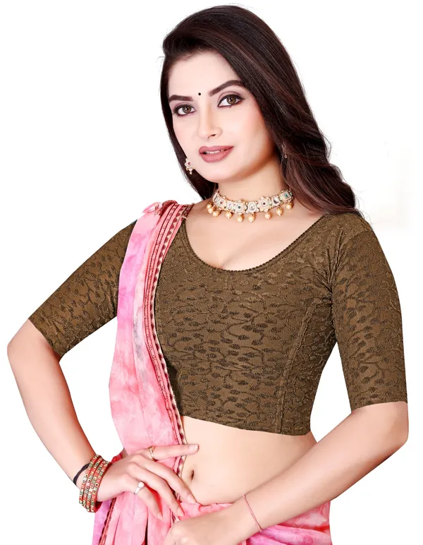 Brown_Cotton_Lace_Textured_Round_Neck_Saree_Blouse_For_Women