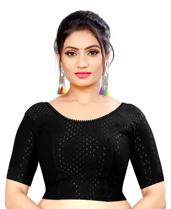 Black_Cotton_Printed_Scallop_Back_Round_Neck_Saree_Blouse_For_Women
