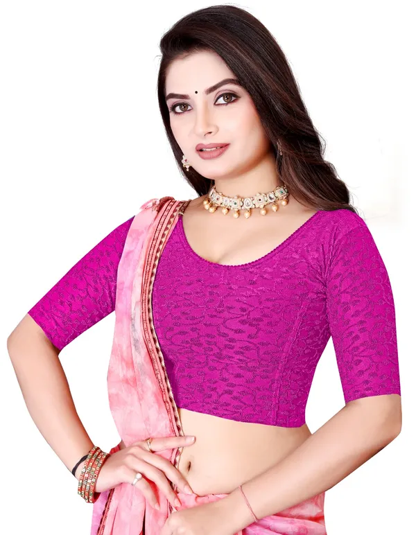 Magenta_Textured_Stretch_Round_Neck_Elbow_Sleeve_Saree_Blouse_For_Women