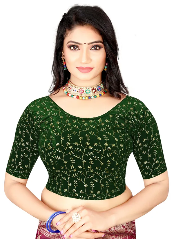 Green_Velvet_Floral_Embroidered_Round_Neck_Saree_Blouse_For_Women