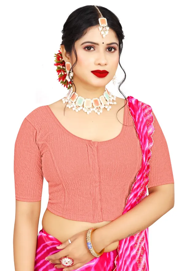 Peach_Cotton_Textured_Round_Neck_Half_Sleeve_Saree_Blouse_For_Women