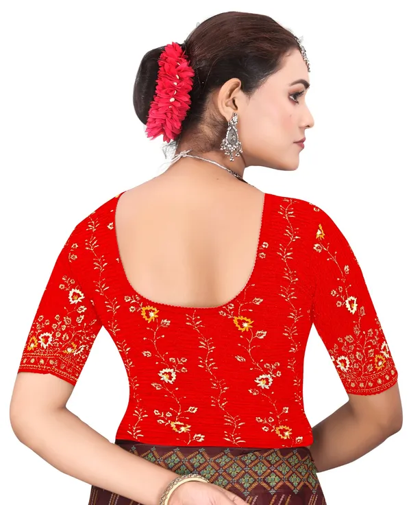 Red_Cotton_Floral_Printed_Round_Neck_Saree_Blouse_For_Women