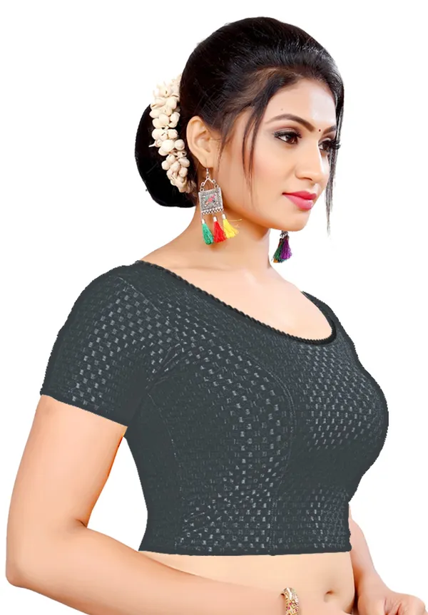 Black_Cotton_Textured_Round_Neck_Short_Sleeve_Blouse_For_Women