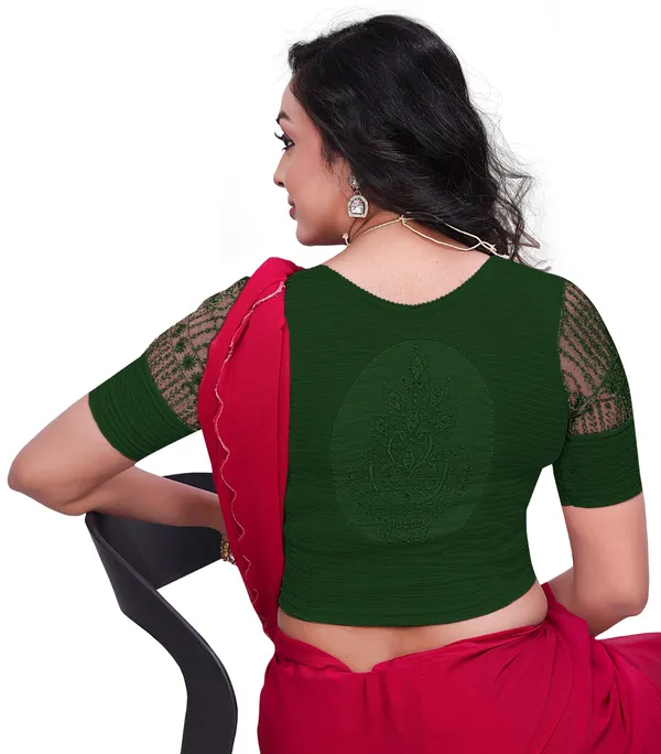 Green_Cotton_Net_Sleeve_Embroidered_Saree_Blouse_For_Women