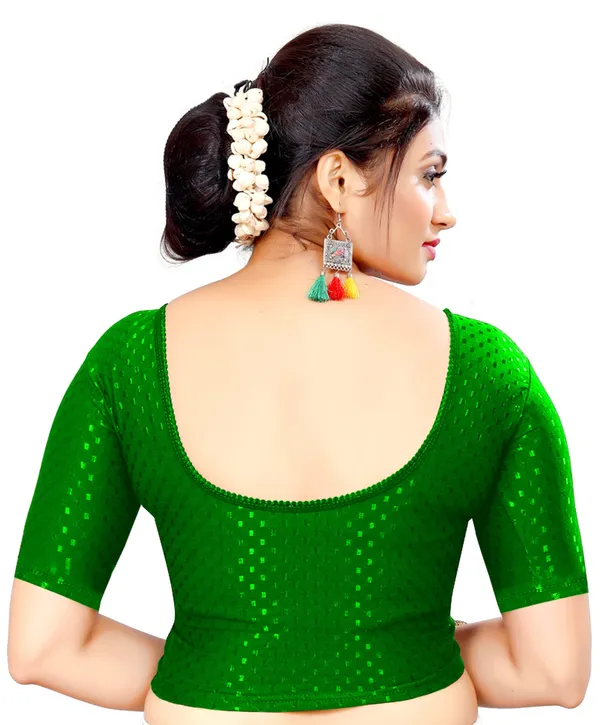 Green_Shimmer_Foil_Round_Neck_Elbow_Sleeve_Saree_Blouse_For_Women