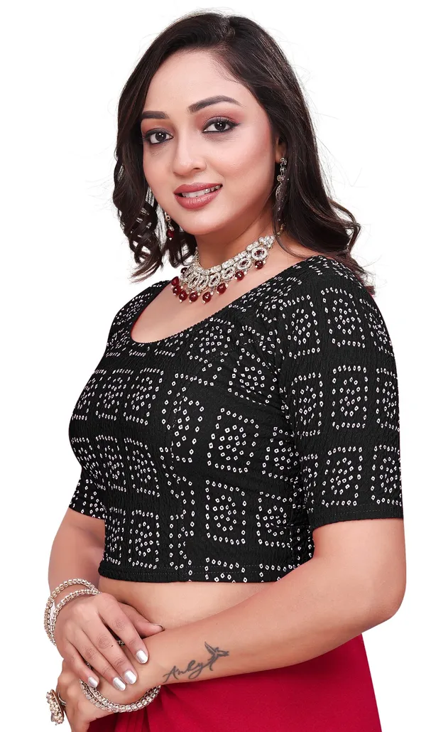 Black_Bandhani_Print_Sequin_Embellished_Elbow_Sleeve_Saree_Blouse_For_Women