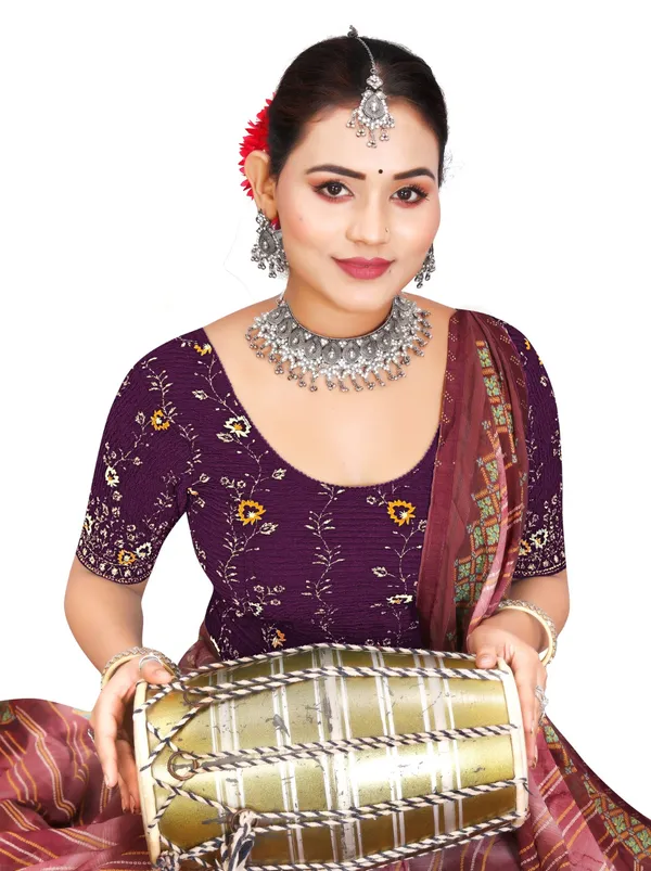 Purple_lycra_Floral_Embroidered_Round_Neck_Elbow_Sleeve_Blouse_For_Women
