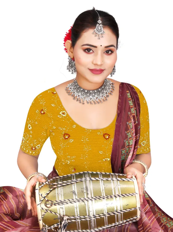 Yellow_Crinkle_Floral_Print_Round_Neck_Elbow_Sleeve_Saree_Blouse_For_Women