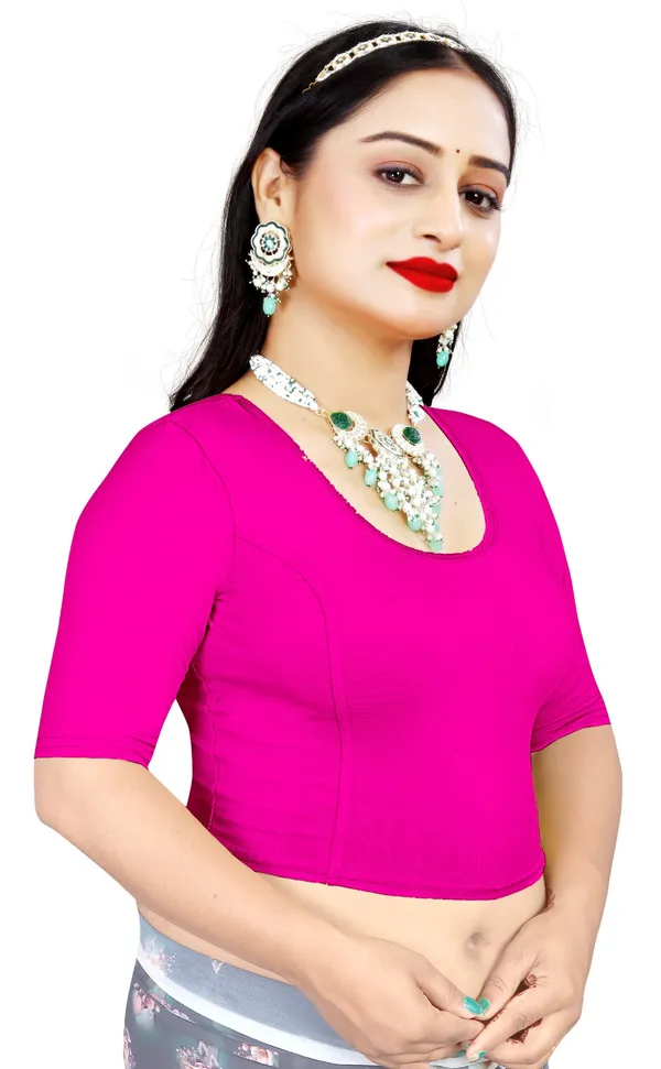 Pink_Cotton_Stretchable_Round_Neck_Elbow_Sleeve_Blouse_For_Women