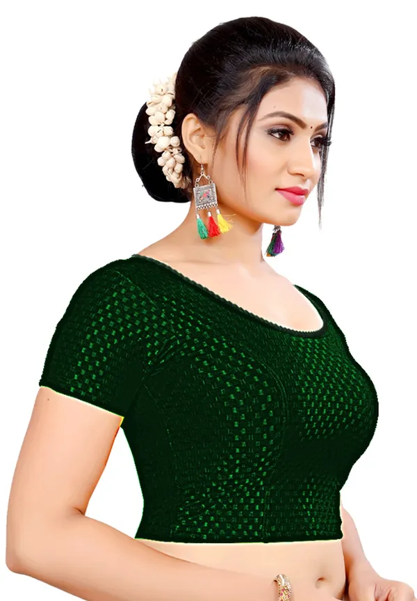 Green_Cotton_Textured_Round_Neck_Short_Sleeve_Saree_Blouse_For_Women
