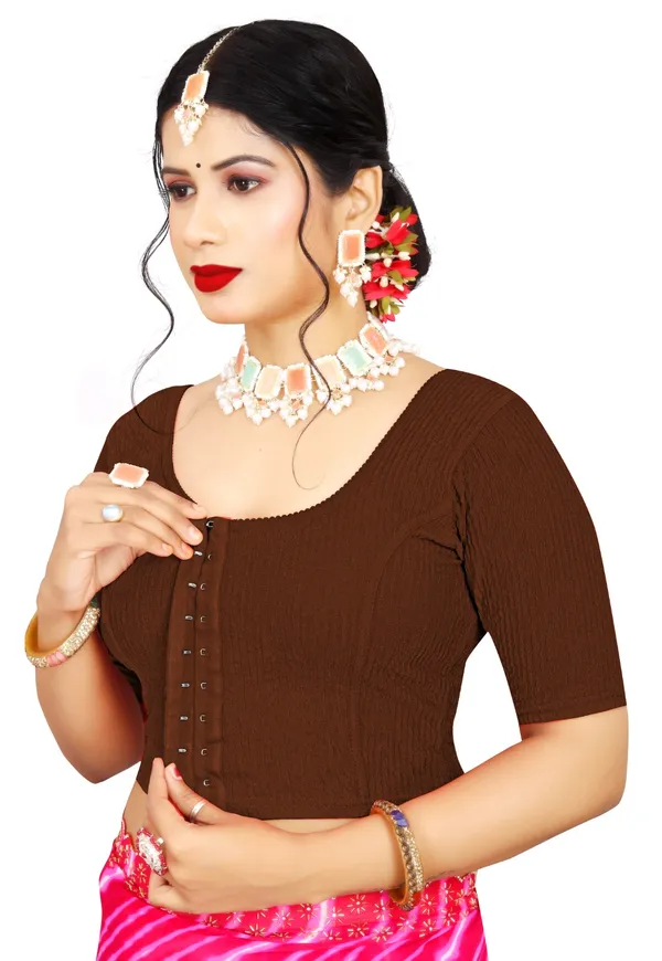 Brown_Cotton_Textured_Stretch_Scoop_Neck_Saree_Blouse_For_Women