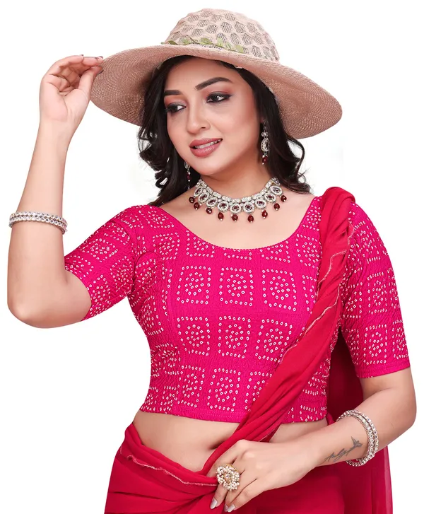 Pink_Bandhani_Print_Sequin_Elbow_Sleeve_Saree_Blouse_For_Women
