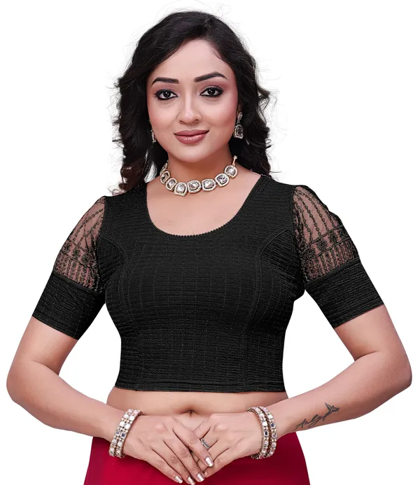 Black_Cotton_Textured_Net_Embroidered_Half_Sleeve_Blouse_For_Women