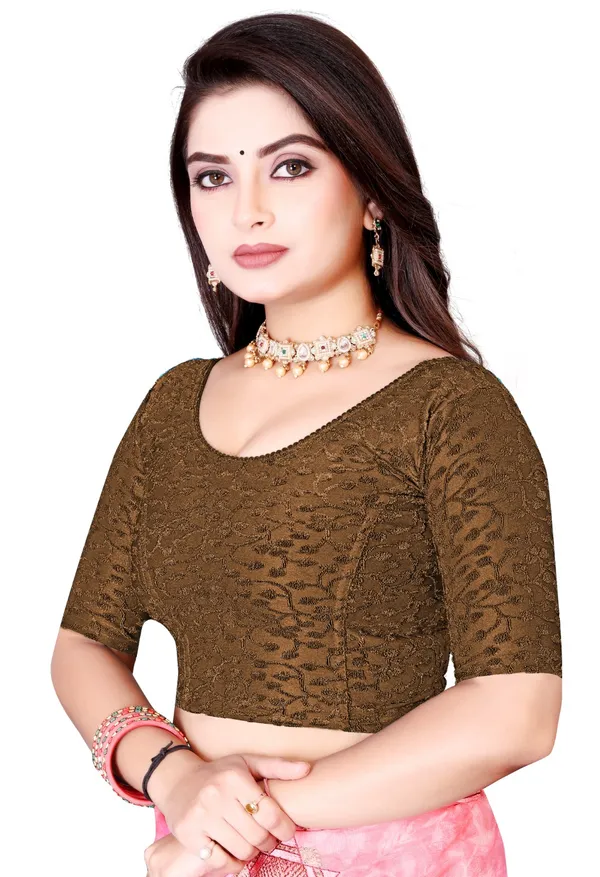 Brown_Cotton_Lace_Textured_Round_Neck_Saree_Blouse_For_Women