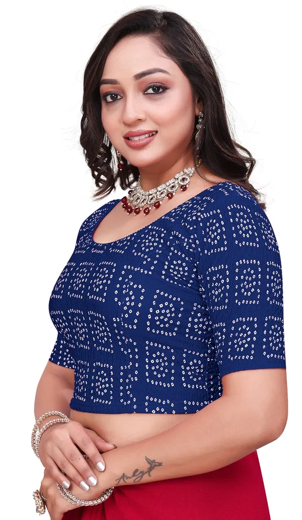 Blue_Cotton_Bandhani_Print_Half_Sleeve_Saree_Blouse_For_Women