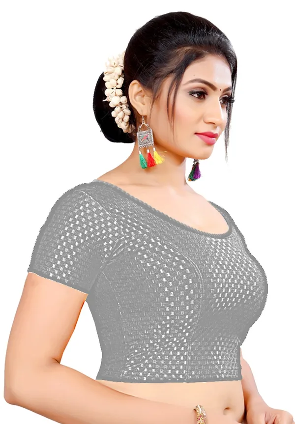 Grey_Net_Textured_Round_Neck_Saree_Blouse_For_Women