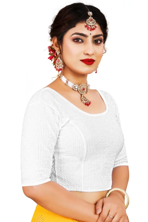 White_Cotton_Textured_Square_Neck_Elbow_Sleeve_Saree_Blouse_For_Women