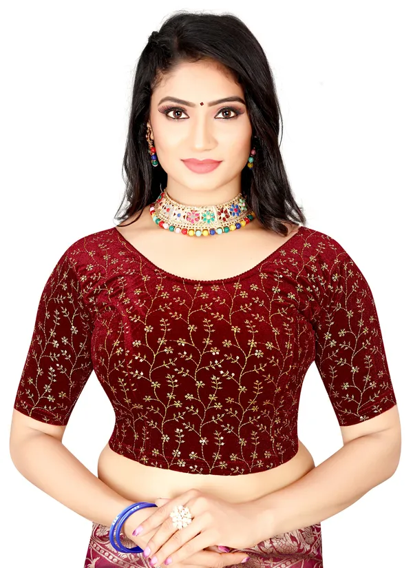 Maroon_Velvet_Embroidered_Sequin_Elbow_Sleeve_Blouse_For_Women