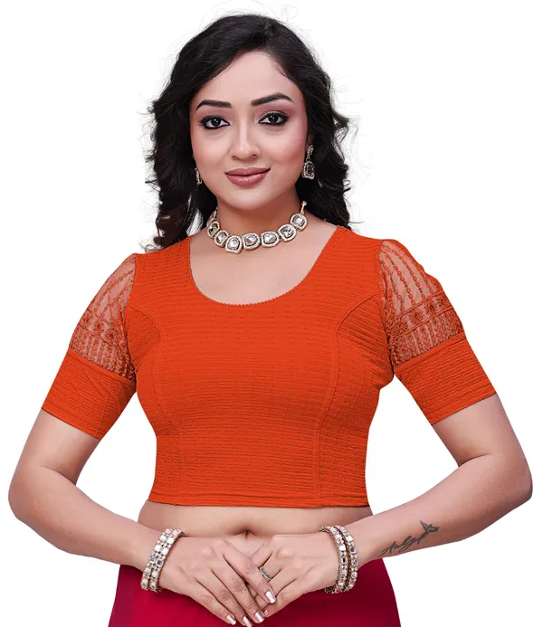 Orange_Cotton_Textured_Embroidered_Round_Neck_Saree_Blouse_For_Women