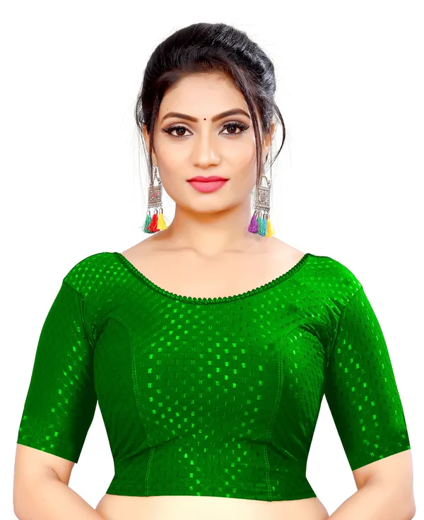 Green_Shimmer_Foil_Round_Neck_Elbow_Sleeve_Saree_Blouse_For_Women