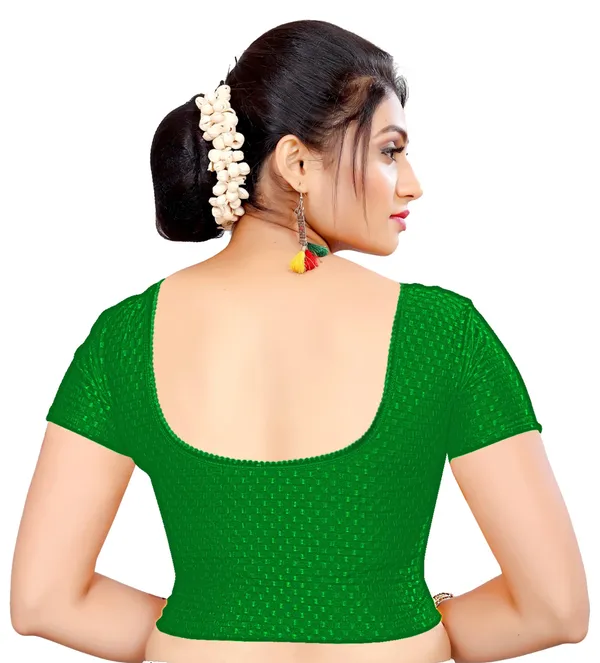 Green_Cotton_Textured_Knit_Round_Neck_Saree_Blouse_For_Women