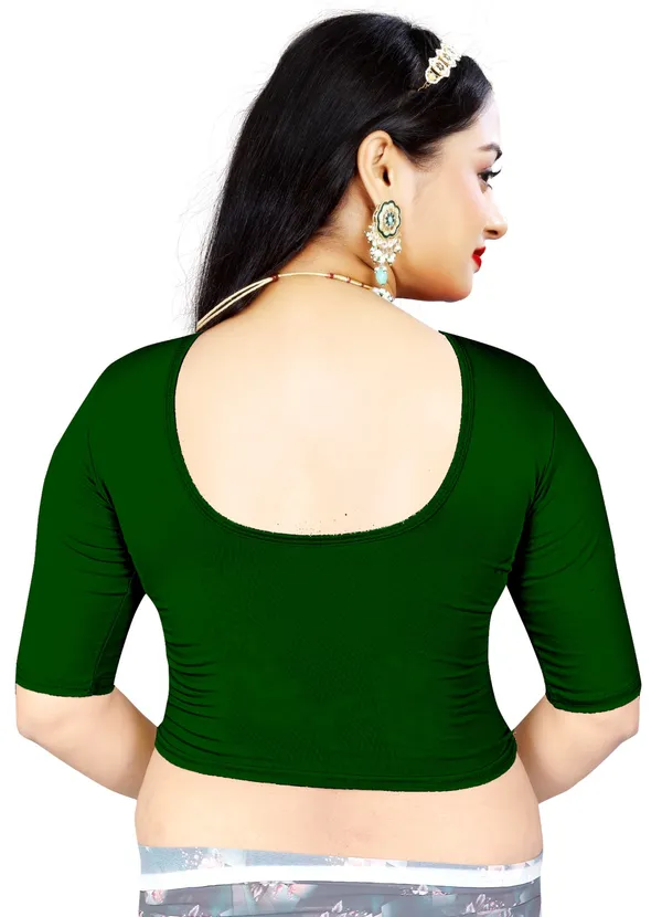 Green_Cotton_Lycra_Round_Neck_Stretch_Fit_Saree_Blouse_For_Women