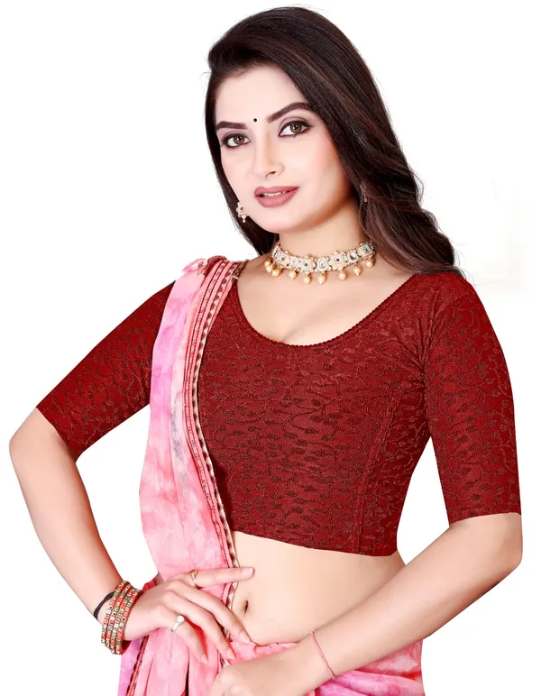 Maroon_Cotton_Textured_Round_Neck_Elbow_Sleeve_Saree_Blouse_For_Women
