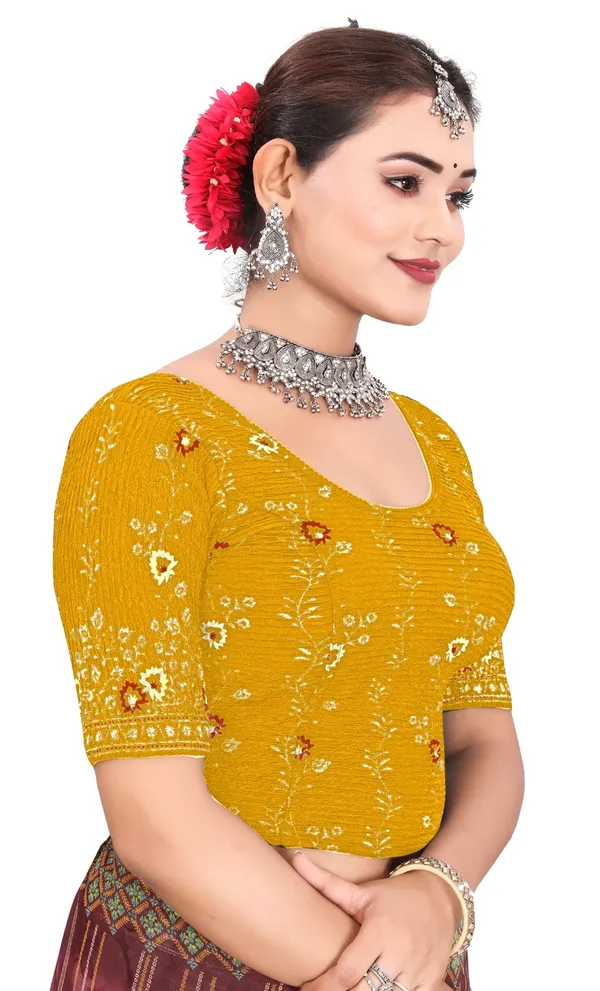 Yellow_Crinkle_Floral_Print_Round_Neck_Elbow_Sleeve_Saree_Blouse_For_Women