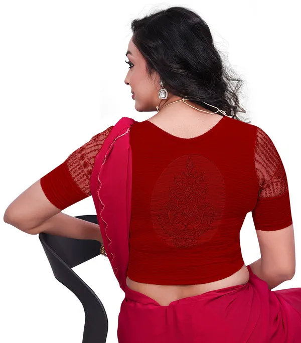Maroon_Textured_Knit_Net_Sleeve_Embroidered_Saree_Blouse_For_Women