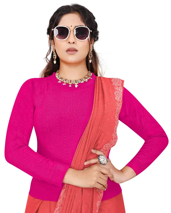 Pink_Women's_Cotton_Blend_Stretchable_Full_Sleeve_Blouse_–_Round_Neck