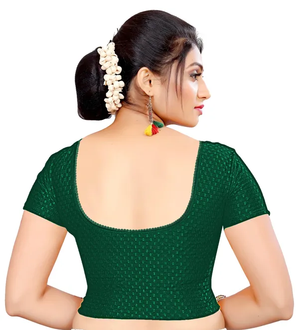 Green_Cotton_Textured_Round_Neck_Short_Sleeve_Saree_Blouse_For_Women