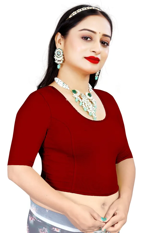 Maroon_Cotton_Blend_Deep_Back_Elbow_Sleeve_Saree_Blouse_For_Women