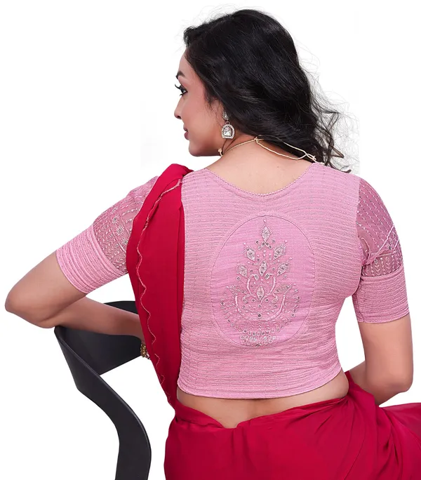 Pink_Cotton_Textured_Embroidered_Round_Neck_Saree_Blouse_For_Women