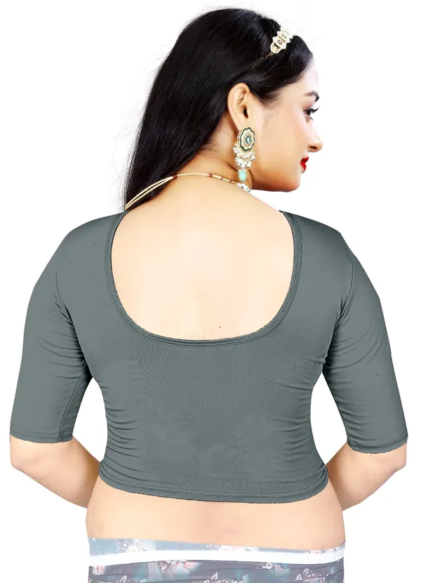 Grey_Cotton_Stretchable_Round_Neck_Half_Sleeve_Saree_Blouse_For_Women