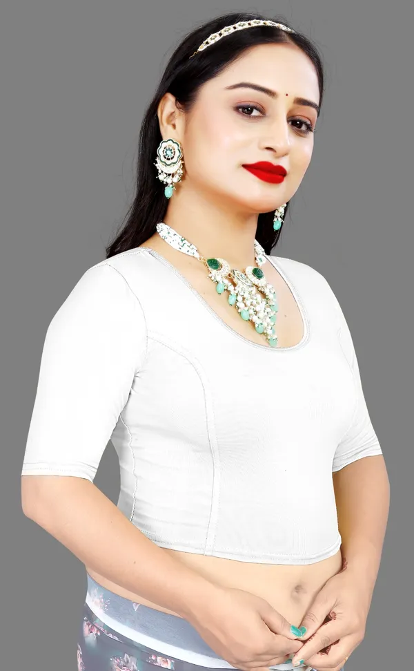 White_Stretch_Knit_Round_Neck_Half_Sleeve_Fitted_Saree_Blouse_For_Women