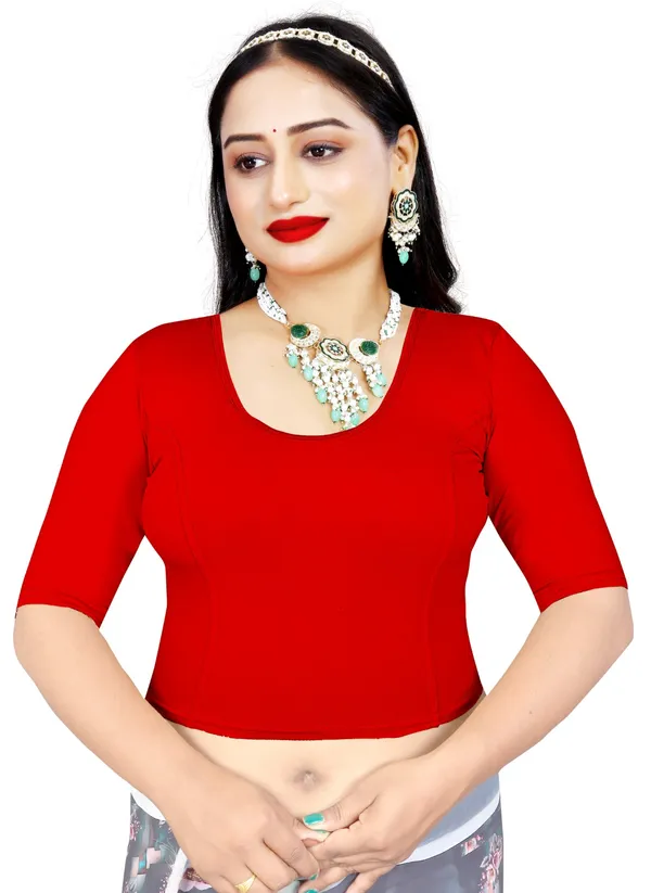 Red_Stretchable_Round_Neck_Elbow_Sleeve_Saree_Blouse_For_Women