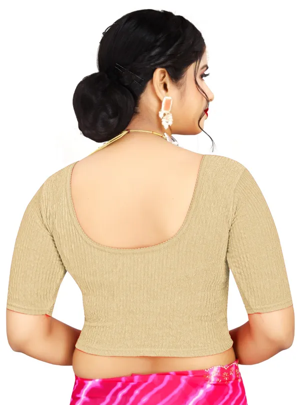 Beige_Cotton_Textured_Square_Neck_Elbow_Sleeve_Blouse_For_Women