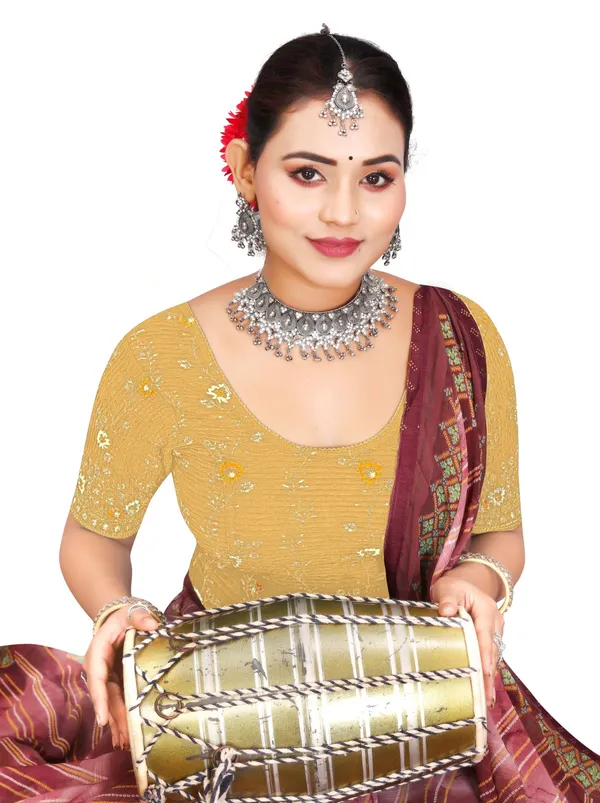 Yellow_Cotton_Crinkle_Floral_Embroidered_Elbow_Sleeve_Saree_Blouse_For_Women