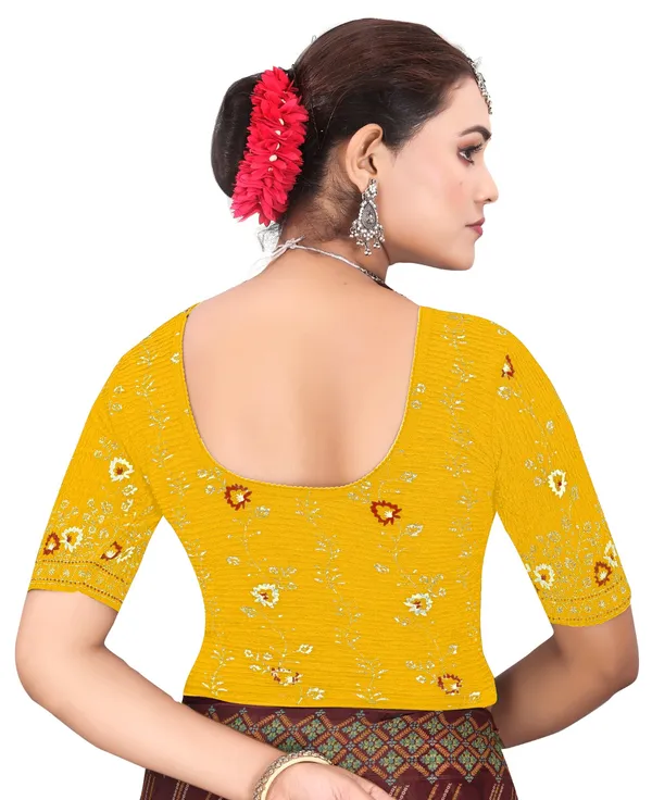 Yellow_Crinkle_Floral_Print_Round_Neck_Elbow_Sleeve_Saree_Blouse_For_Women