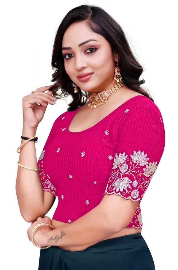 Pink_Cotton_Embroidered_Sequin_Elbow_Sleeve_Saree_Blouse_For_Women