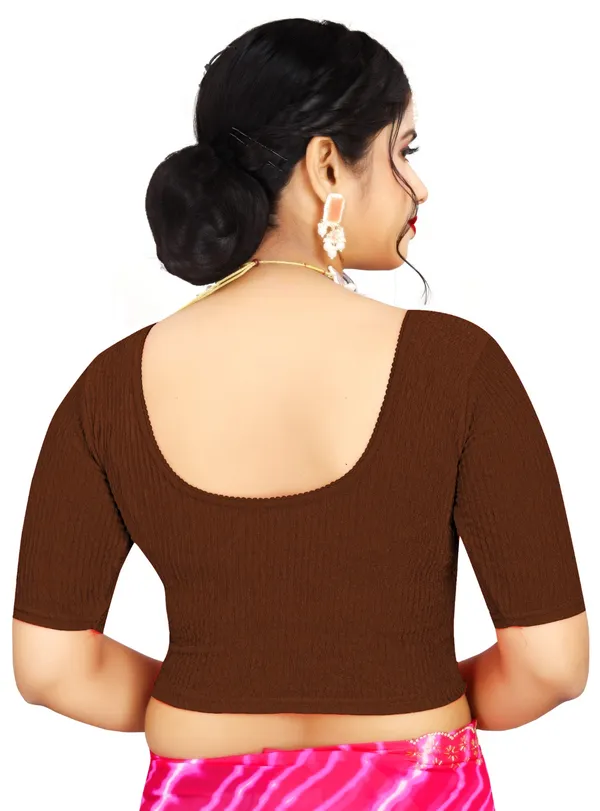 Brown_Cotton_Textured_Stretch_Scoop_Neck_Saree_Blouse_For_Women