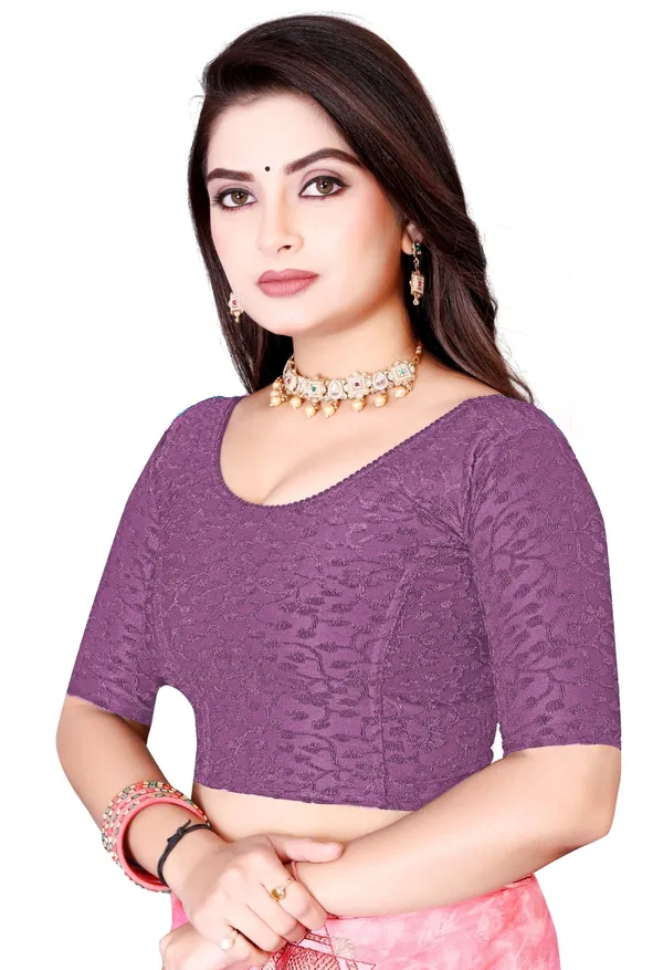 Purple_Jacquard_Stretch_Round_Neck_Elbow_Sleeve_Saree_Blouse_For_Women