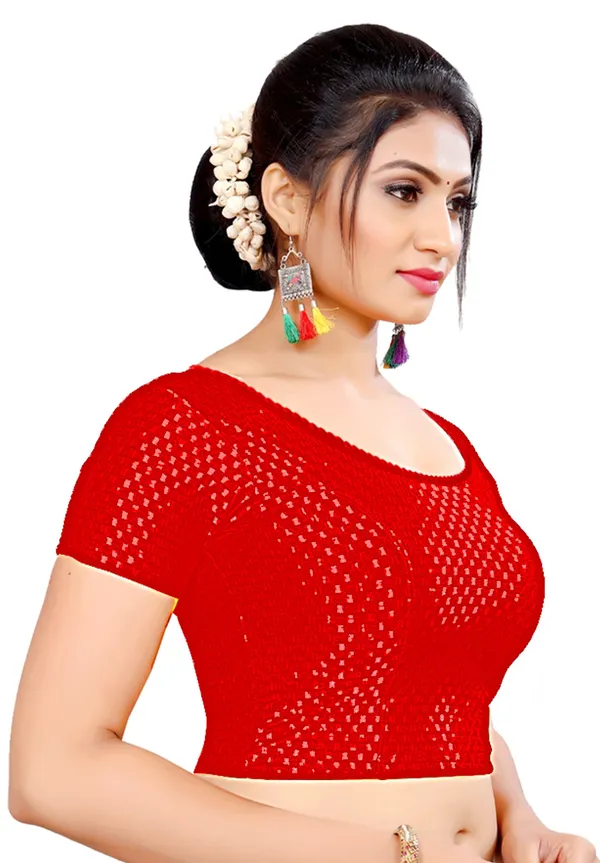 Red_Knit_Stretchable_Short_Sleeve_Saree_Blouse_For_Women
