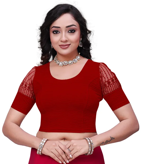 Maroon_Textured_Knit_Net_Sleeve_Embroidered_Saree_Blouse_For_Women