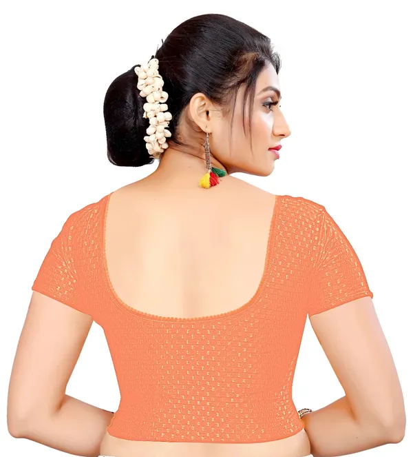 Orange_Textured_Stretch_Fit_Round_Neck_Saree_Blouse_For_Women