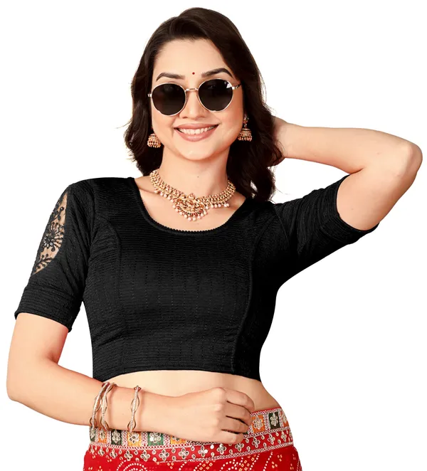 Black_Cotton_Textured_Elbow_Sleeve_Saree_Blouse_For_Women