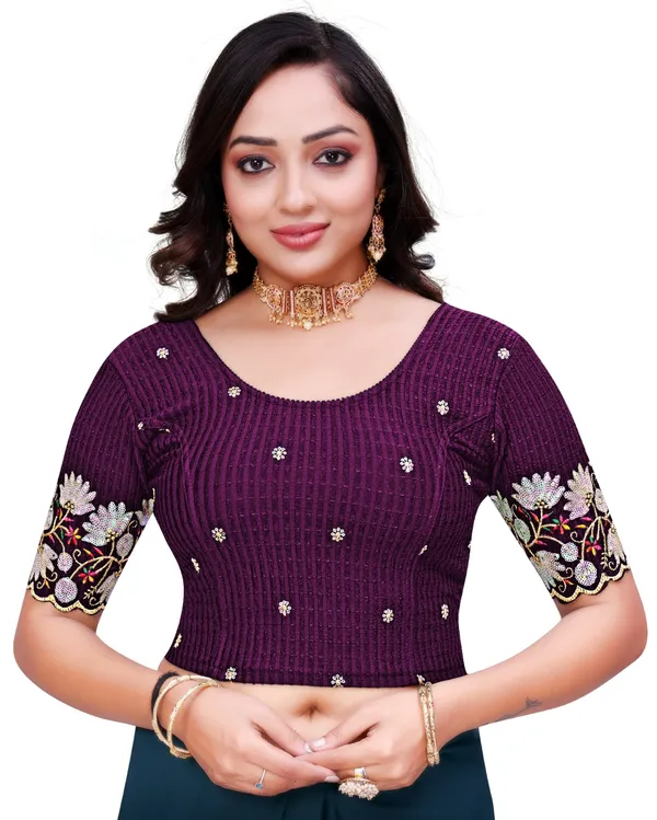 Purple_Cotton_Embroidered_Sequin_Round_Neck_Saree_Blouse_For_Women