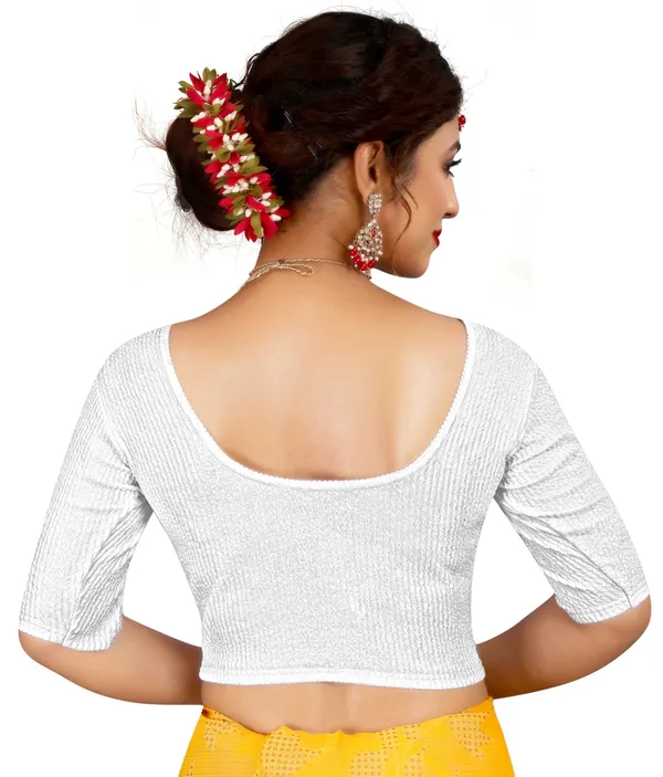White_Cotton_Textured_Square_Neck_Elbow_Sleeve_Saree_Blouse_For_Women